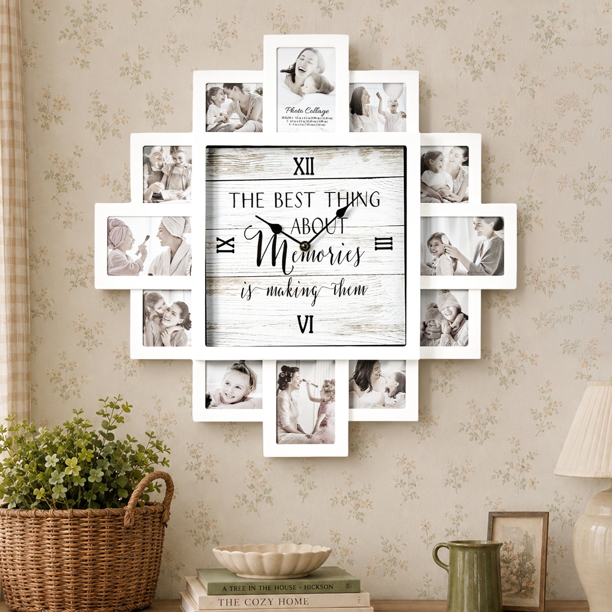 Memories 20 x 20 Photo Collage Wall Clock, White Farmhouse Picture Frame Holds 12 Photos, Battery Operated Family Memory Display for Nursery, Baby Room, Kids Bedroom, Living Room & Wall Decor