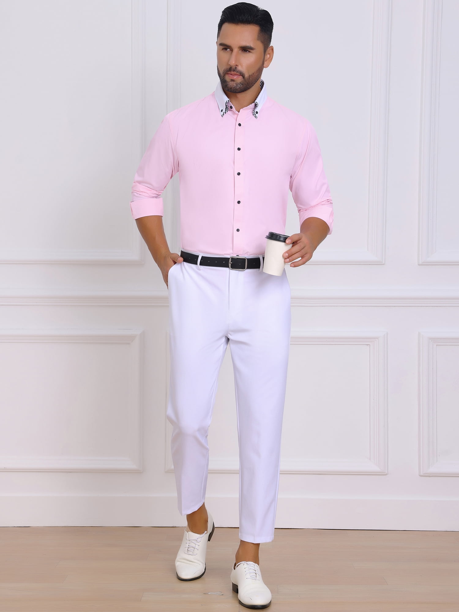 DARING DIVA Men's Contrasting Color Collar Long Sleeve Button Down Shirts S Pink