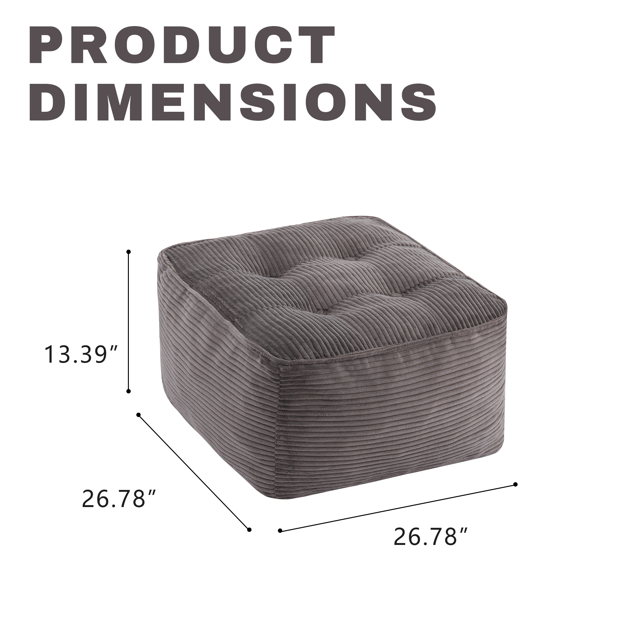 Square Stuffed Pouf Ottoman Foot Rest, Soft Corduroy Pouf Foot Stool Cushion with Foam Chunk Filling, 26 x 26 x 13 Inch Floor Chair for Living Room, Bedroom & Home Decor,Dark Gray