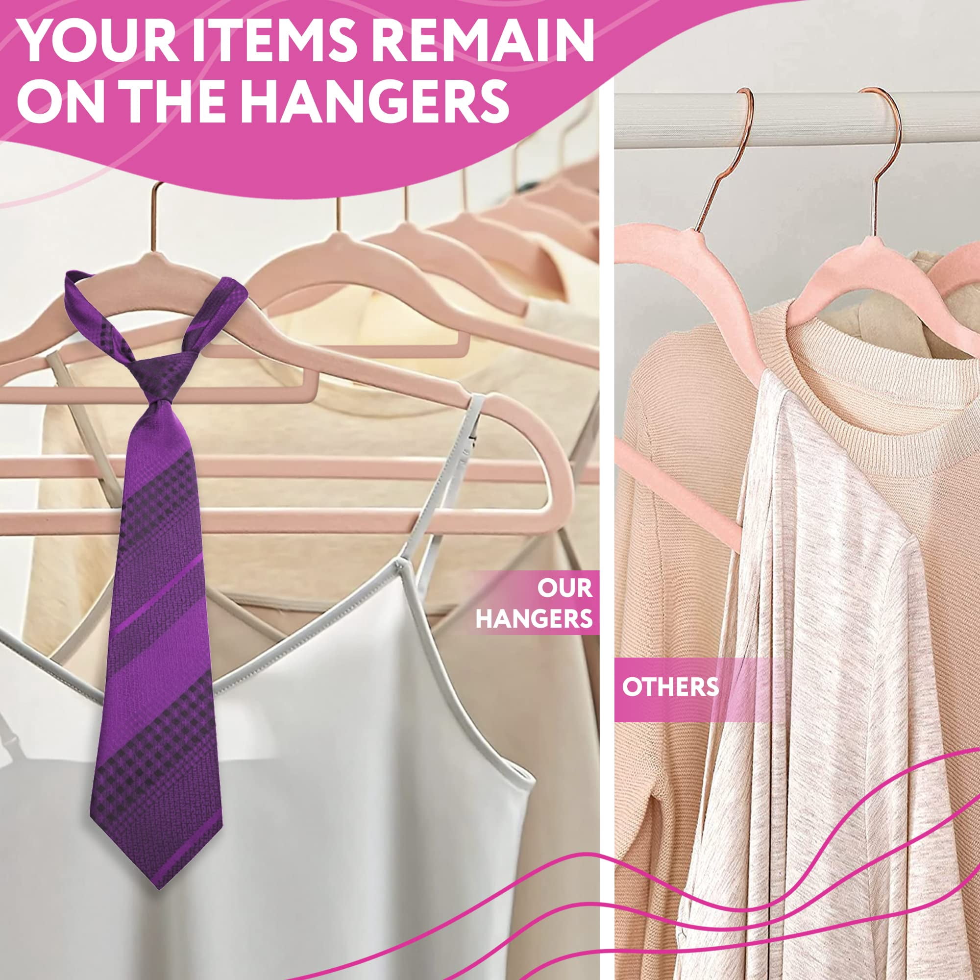 Rose Thin Velvet Hangers. Pack of 150 Non Slip Hangers with 360 Rotating Chrome Hook, Notched Shoulders