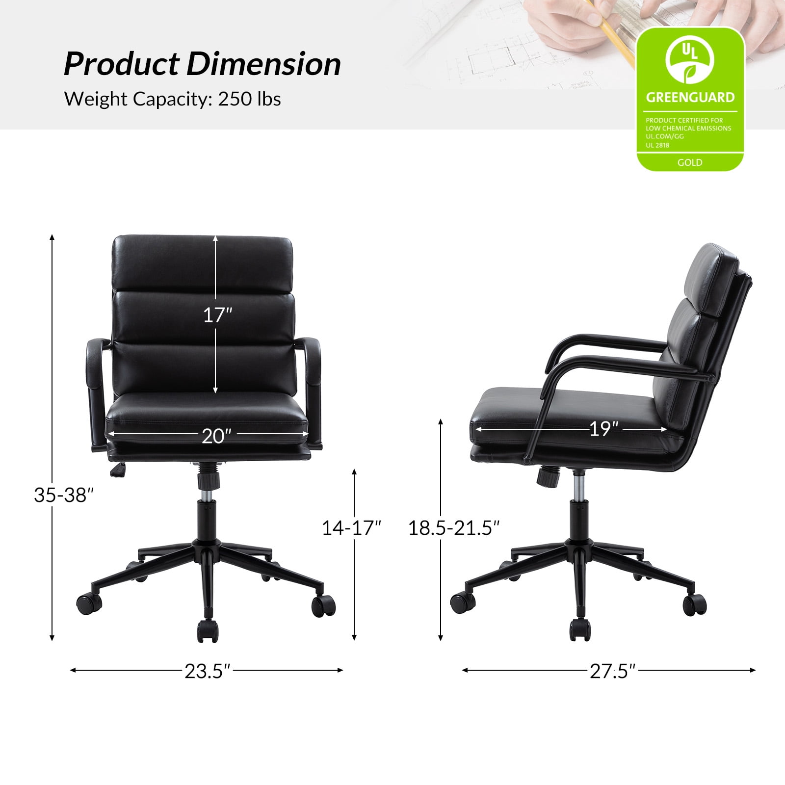 Faux Leather Home Office Chair, Swivel Task Desk Chair with Padded Cushion, Black