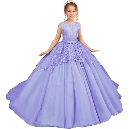 Drtj Girls Lace Applique Flower Girl Dress for Wedding Elegant Sleeveless Ball Gown with Tulle Skirt Lace-Up Back Ages 2-16
