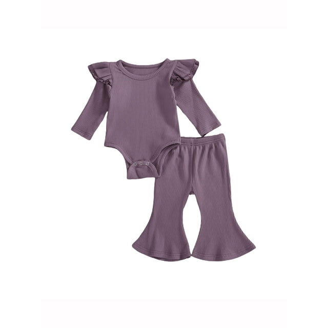 Xingqing Newborn Baby Girls Fall Spring Outfits Ruffle Long Sleeve Knitted Romper Tops + Bell Bottom Pants Clothes