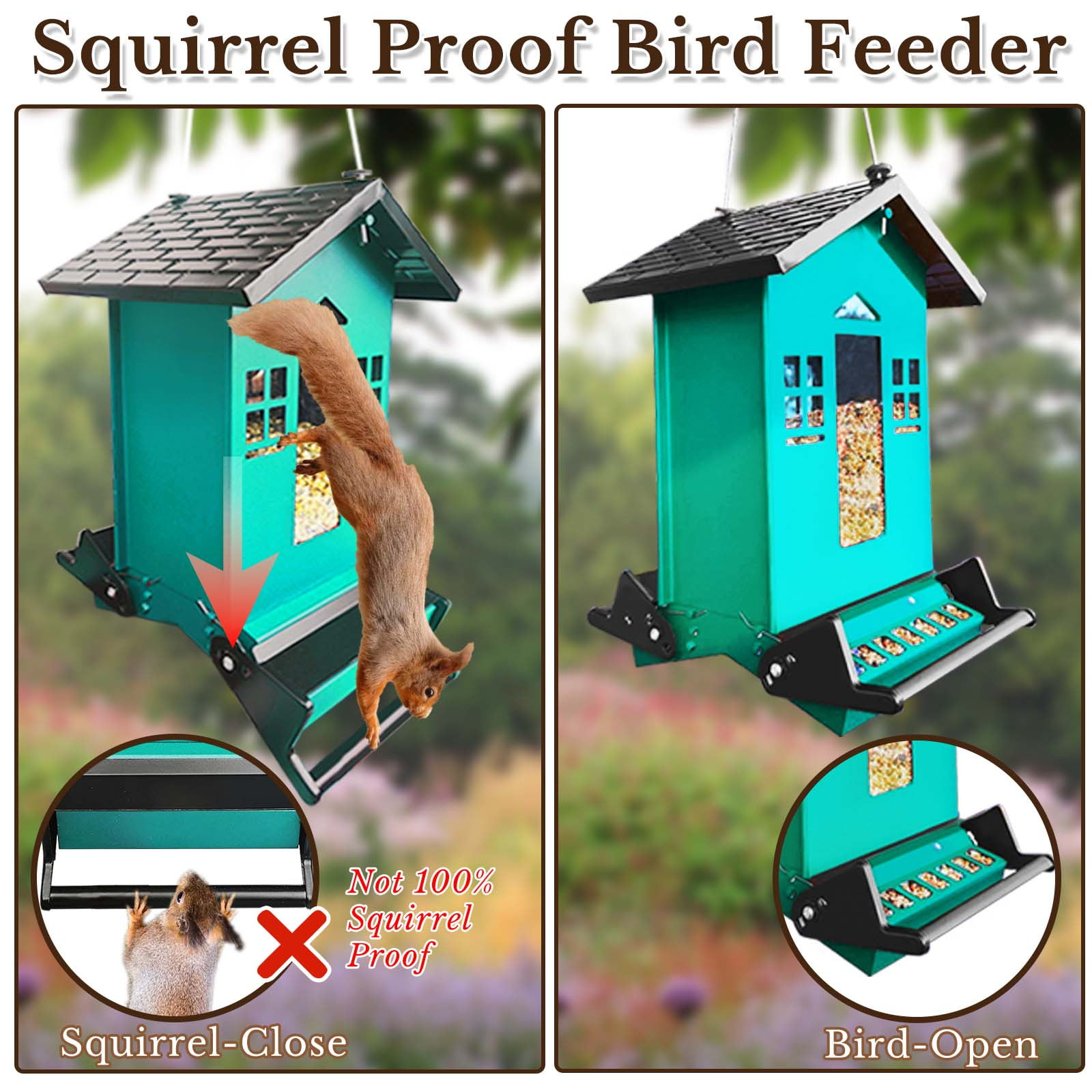 5LBS Bird Feeder Squirrel Proof, Hanging Bird Feeders for Outdoors, Large Capacity Metal Bird Seed Feeder, Weight-Activated Perches Wild Birdfeeder for Blue Jay, Cardinal, Garden