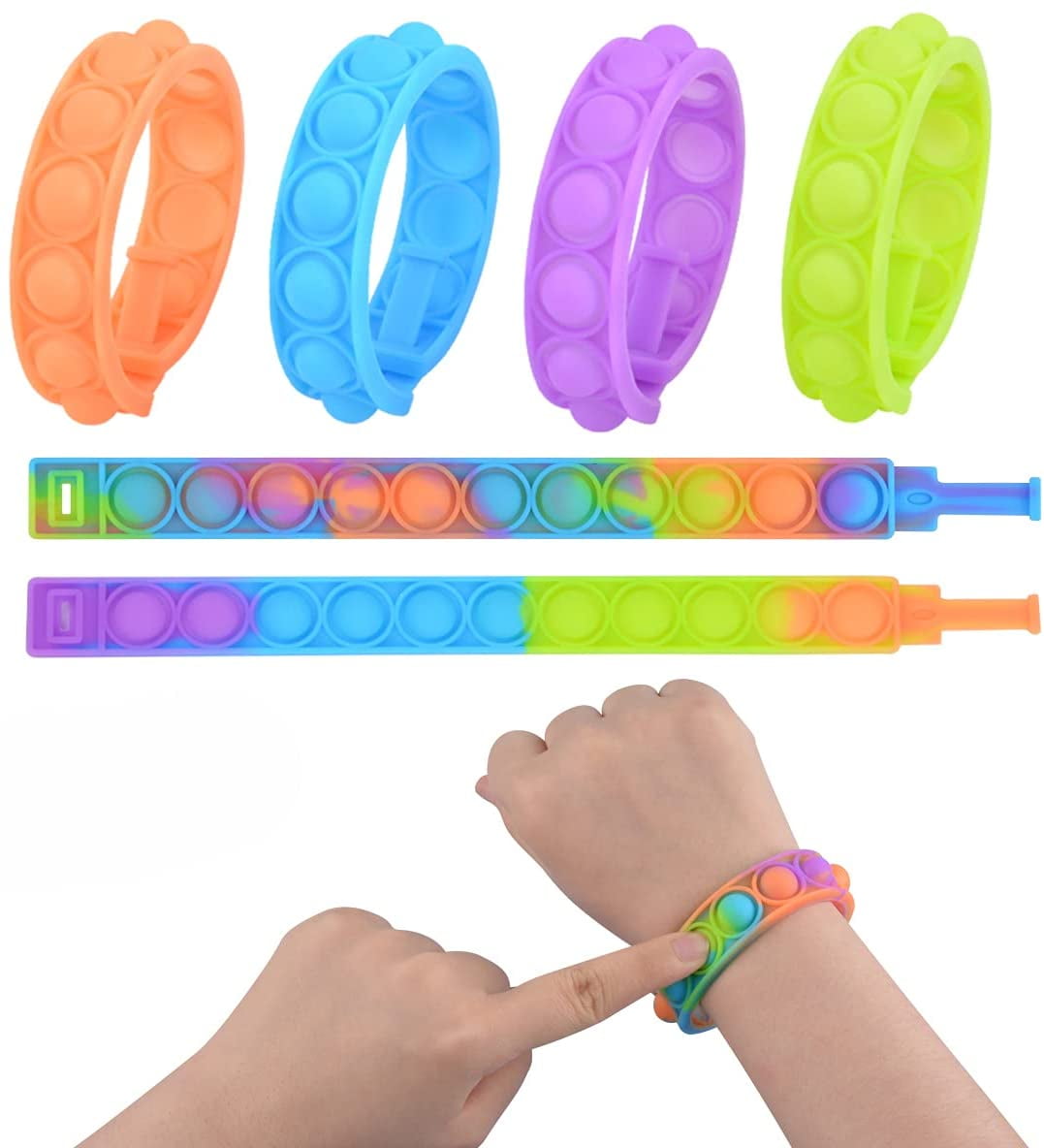Stress Relief Wristband Fidget Toys 2 Pcs Wearable Push Pop Bubble Sensory Fidget Hand Finger Press Silicone Bracelet Toy for Kids Anxiety Autism Portable Simple Dimple Sensory Fidget Bracelet 