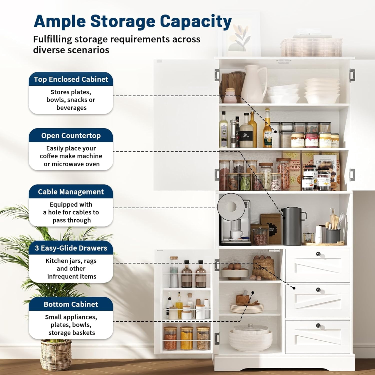 NEGYLIM 72" Tall Kitchen Pantry Storage Cabinet with Doors & Shelves, Farmhouse Rustic Wood Cupboard for Kitchen Dining Room Bathroom, White