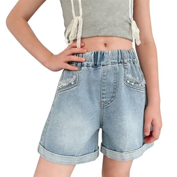 Pull on Denim Shorts for Girl - Stretchy Elastic Waist Jean Shorts Casual Loose Ripped Distressed Wide Leg Denim Summer Shorts with Pockets Blue 8 Years