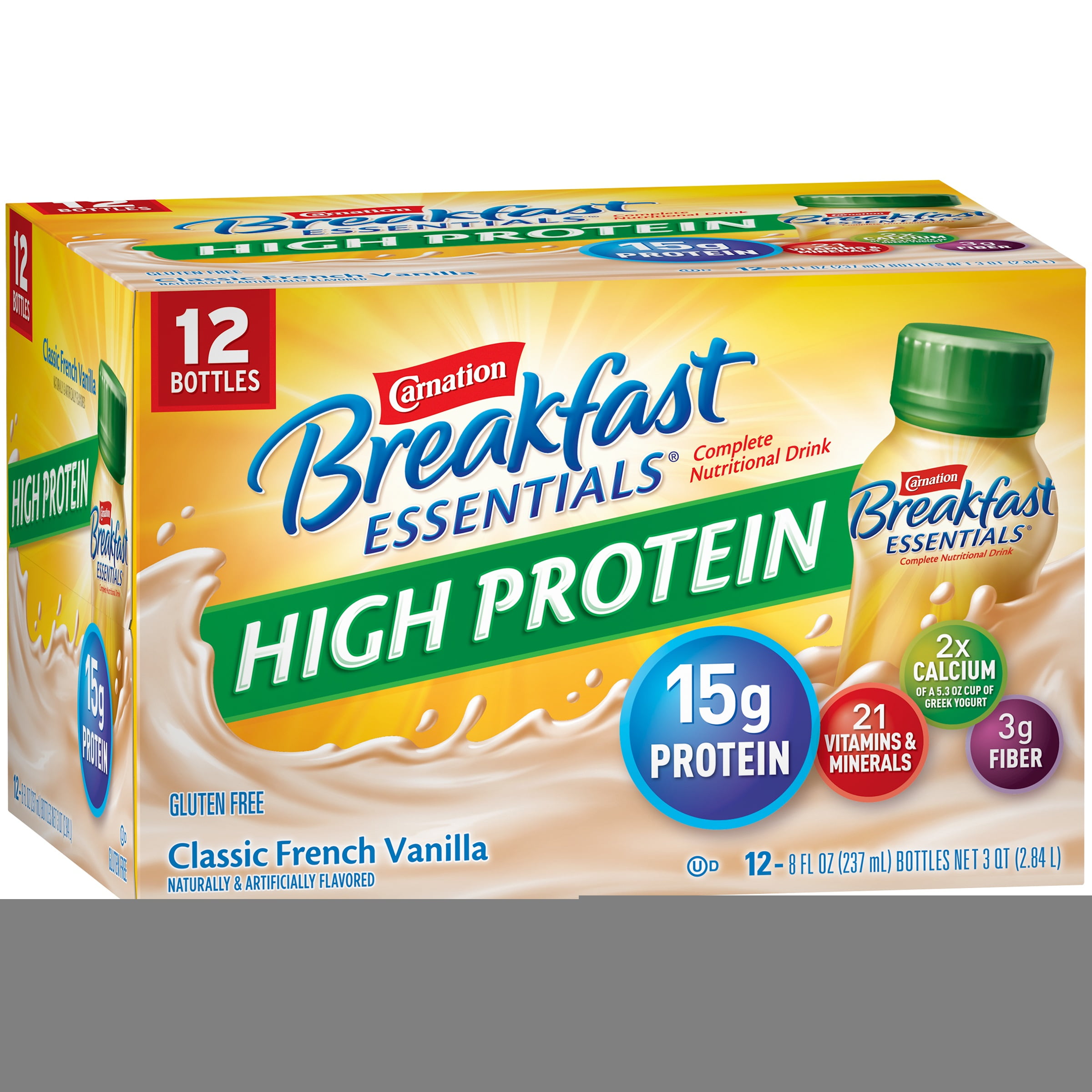 CARNATION BREAKFAST ESSENTIALS HIGH PROTEIN Classic French Vanilla 12-8 fl. oz. Bottles