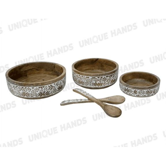 Mango Wood Set of 3 Salad Bowl with Serving Spoon Household Round Wooden Fruit Salad Bowl Dinnerware Basin Container Kitchen Tool