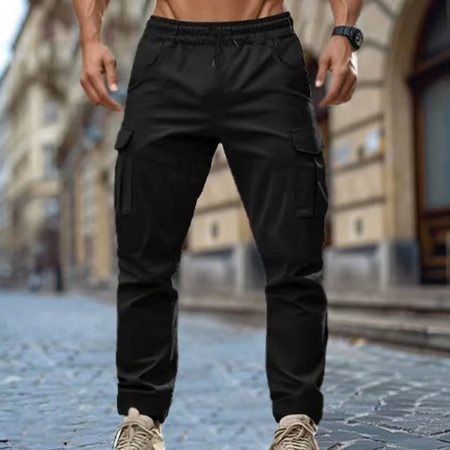 Men Solid Color Casual Fashion Vintage Drawstring Pockets Workwear Pants