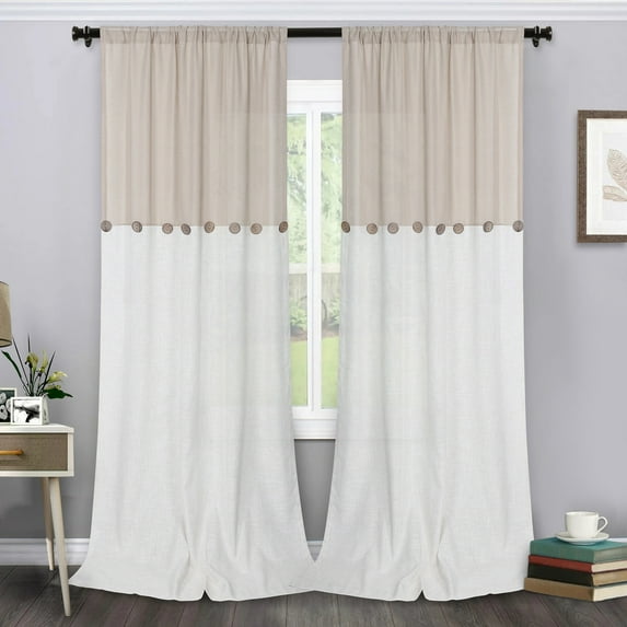 Farmhouse Linen Blend Curtain, Color Block Boho Button Rod Pocket Curtain Drape