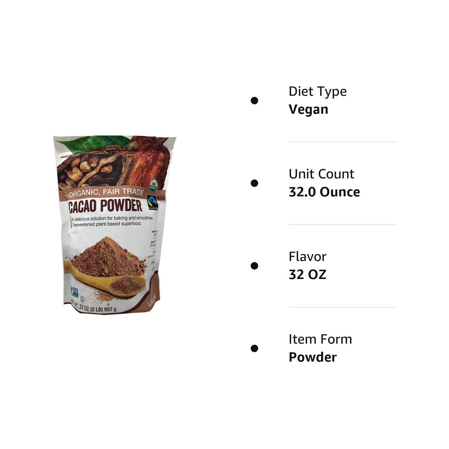 Volupta Organic and Fair Trade Unsweetened Super Food Cacao Powder 32 Ounce
