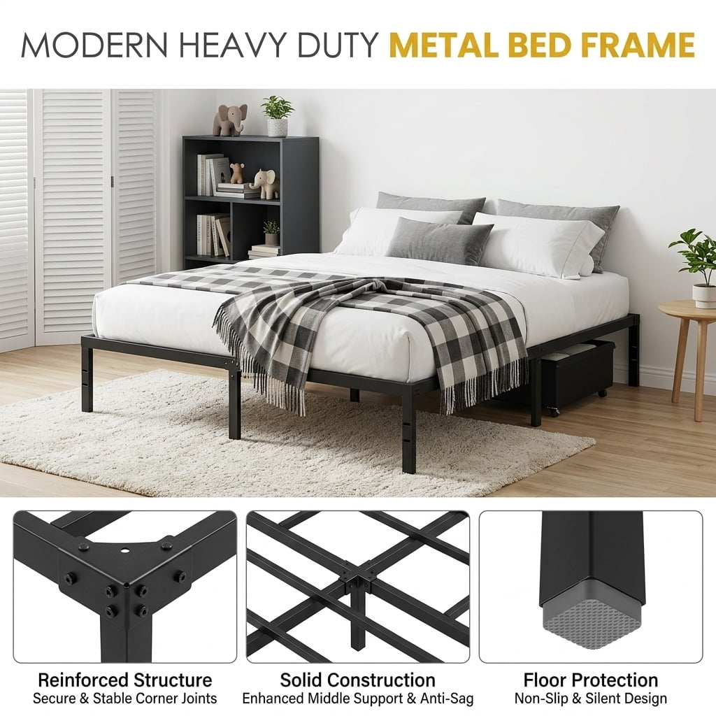 LEDREM King Size Metal Frame, Heavy-Duty Platform Bed with Under-Bed Storage, Easy Assembly for Bedroom, Black