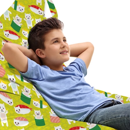 Kitten Lounger Chair Bag  Sushi Cat Japanese Neko Wrap Tasty World Cuisine Cartoon  High Capacity Storage with Handle Container  Lounger Size  Yellow Green Multicolor  by Ambesonne