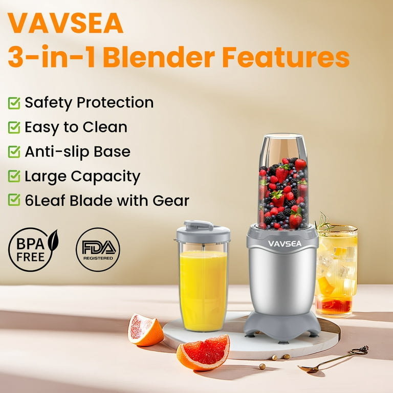 VAVSEA 3-in-1 Smoothies Blender, 11 Pcs Countertop Blender for Shakes and  Smoothies, BPA Free ,Silver Gray 