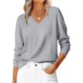 thumbnail image 2 of Suéter de Larga con Cuello en V para Mujer, Estilo Casual Clásico de Otoño, Suave y Holgado, Básico, Tipo Jersey Plateado XL, 2 of 10
