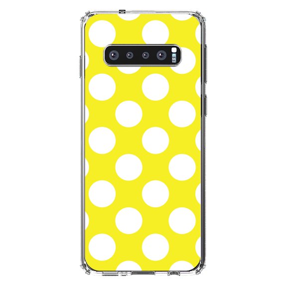 DistinctInk Clear Shockproof Hybrid Case for Samsung Galaxy S10  PLUS(6.4" Screen) - TPU Bumper, Acrylic Back, Tempered Glass Screen Protector - White & Yellow Polka Dots