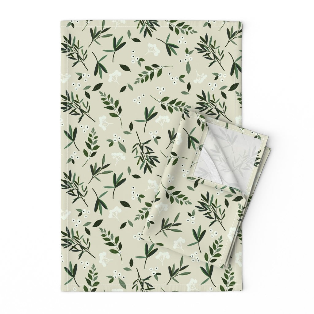 Printed Tea Towel, Linen Cotton Canvas - Nordic Olive Green Christmas  Festive Tree Holidays Leaves Winter Berries Print Decorative Kitchen Towel  by Spoonflower 