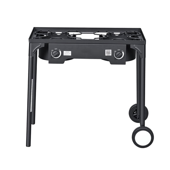 KFFKFF 2-Burner Outdoor Propane Gas Stove, 150,000 BTU LPG Camping Cooker, Durable Carbon Steel Design with Wheels, 20 PSI Regulator & Hose, Ideal for BBQs, Camping, and Backyard Use