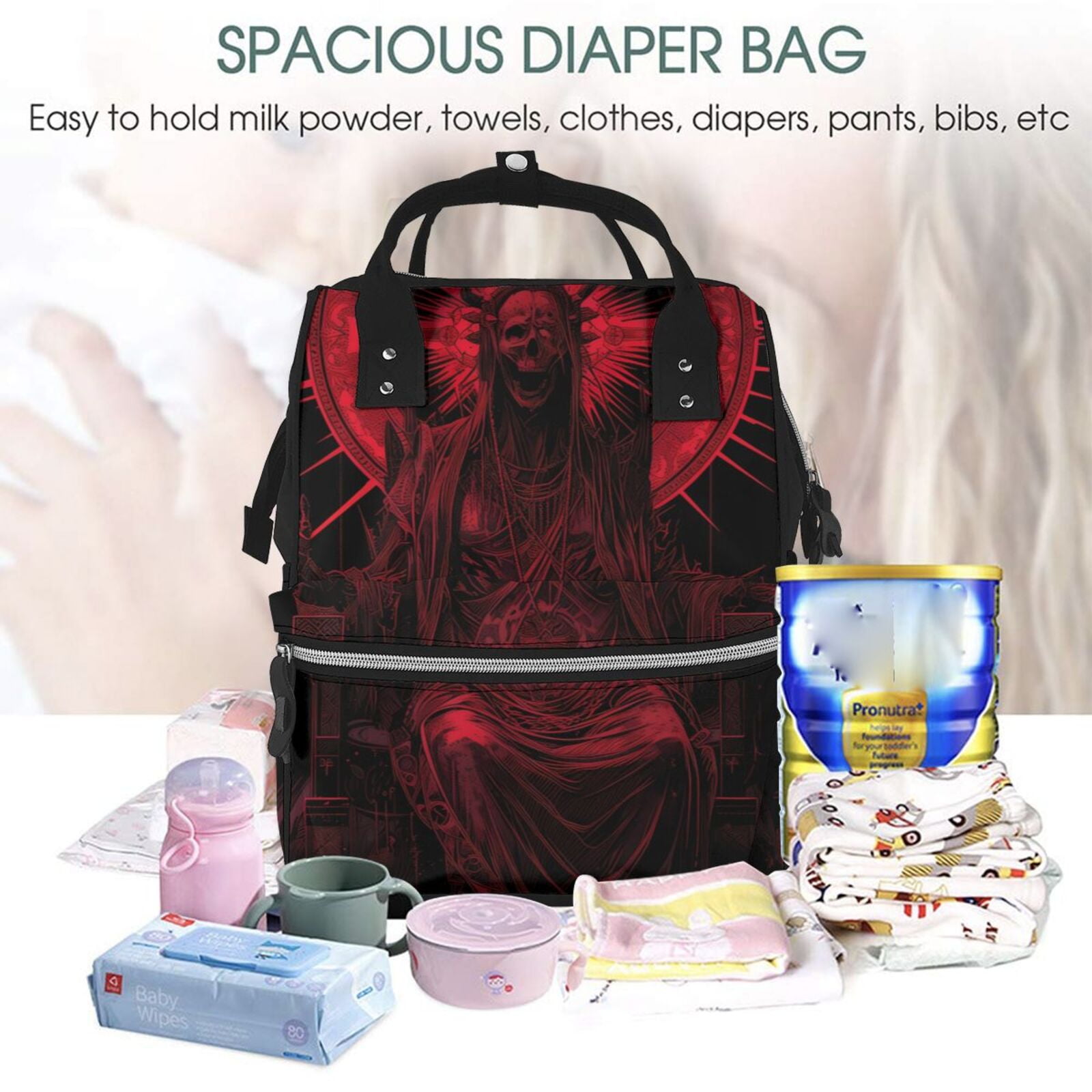 Ratiio Red Gothic Skeleton Throne Mummy Backpack - Waterproof Twill Canvas, Large Capacity Diaper Bag with Multiple Pockets and Adjustable Straps