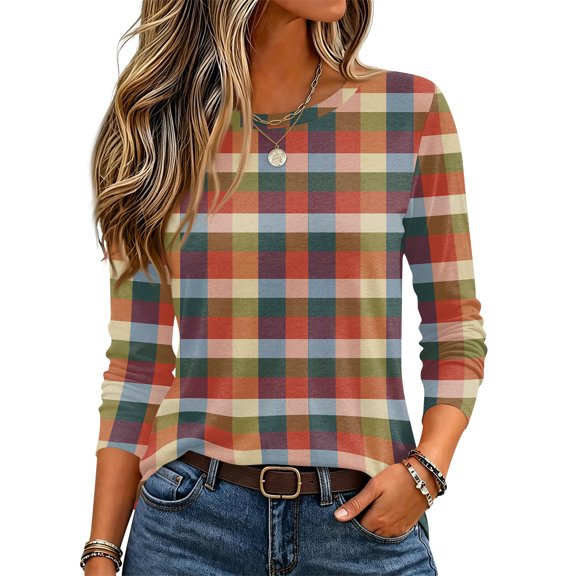 Garbnen Women's Long Sleeve Shirts Plaid Crewneck Tops for Women Basic Color Block Fall Winter Casual Y2k Women's Tunic Tops L