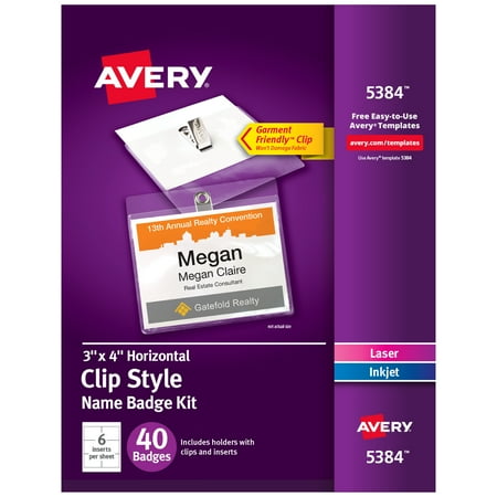 Avery Top-Loading Garment-Friendly Clip Style Name Tags 3 x 4 Box of 40 (5384)