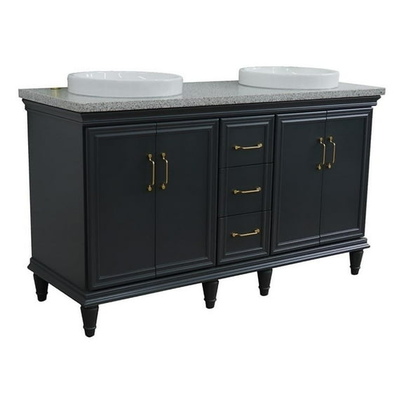 61 in. Double Wooden Vanity Dark Gray Gray Granite Round Sink