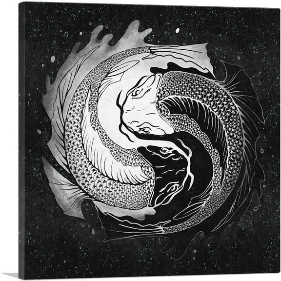 ARTCANVAS Ying Yang Koi Carp Fish Black White Canvas Art Print - Size: 18" x 18" (1.50" Deep)
