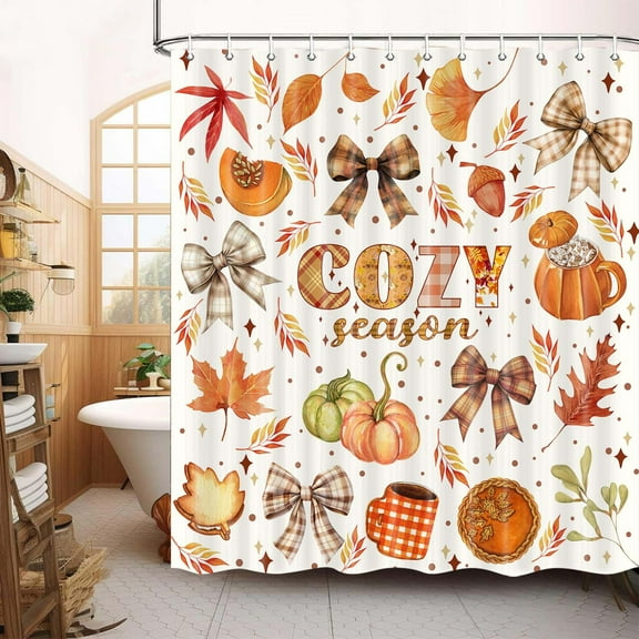 DYNH Fall Bows Shower Curtain, Fall Autumn Brown Beige Plaid Bows Maple Leaves Pumpkin Farmhouse Harvest Thanksgiving Shower Curtain for Bathroom, Autumn Bow Bath Curtains with Hooks,72x72IN