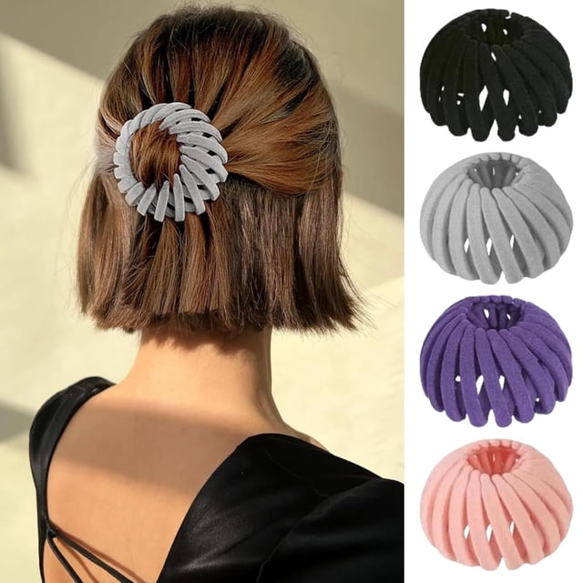 4 pinzas mágicas para el pelo con forma de nido de pájaro, accesorios expandibles para hacer moños de pelo para mujeres, pinzas para el pelo para cabello fino, grueso y rizado, pasadores de plástico para el pelo. Vista centrada de una pinza expandida gris claro sujeta en la raíz trasera de un bob, con silueta circular y dientes en espiral; columna lateral muestra las cuatro piezas en negro, gris, morado y salmón; textura plástica visible; también adecuada para recogidos rápidos y uso de viaje.