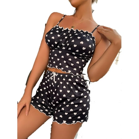 

2pcs Set Cute All Over Print Cami Short Sets Sleeveless Black Women s Pajama Sets (Women s)