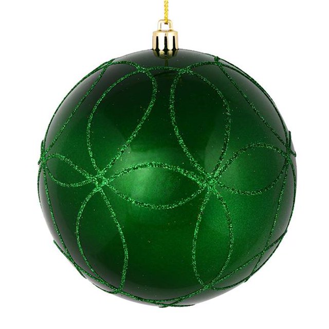 Vickerman N182604D 6 in. Green Candy Ball Ornament with Circle Glitter Pattern 3 per Bag