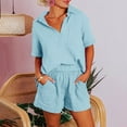 thumbnail image 2 of Feancey Summer 2 Piece Sets for Women Short Sleeve Lapel V Neck Tops and Shorts Lounge Two Piece Set Solid Color Loose Beach Vacation Outfits Funny Gift Light Blue S, 2 of 7