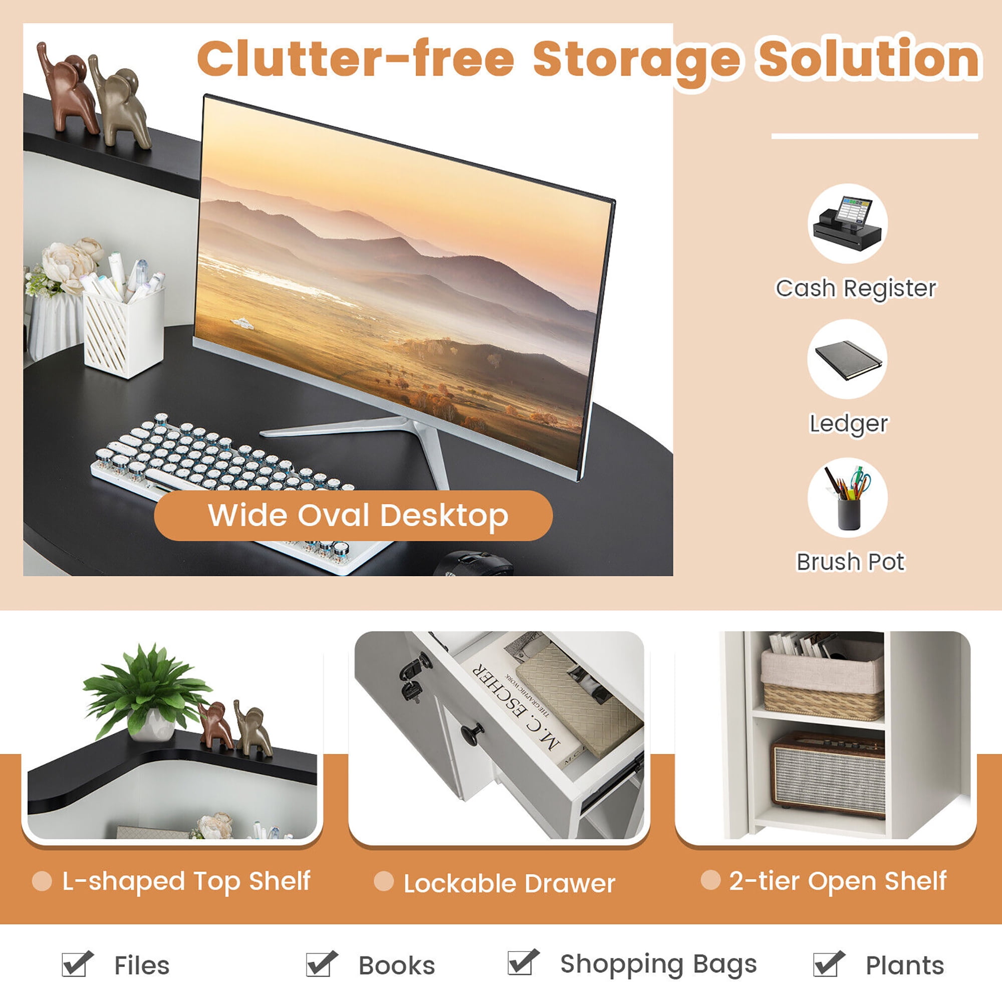 Gymax Front Reception Counter Desk Checkout Office Desk w/Open Shelf & Lockable Drawer