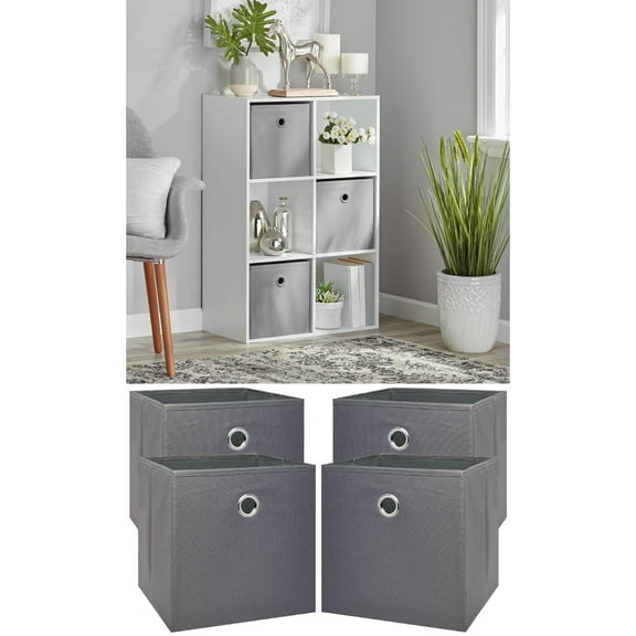 Mainstays 6 Cube Storage Organizer, White and Mainstays Collapsible Fabric Cube Storage Bins (10.5" x 10.5"), Grey Flannel, 4 Pack
