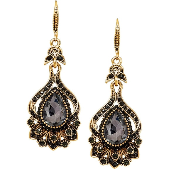 Bohemian Antique Style Flower Pattern Gold-Toned Alloy Black Stone Drop Earrings for Women