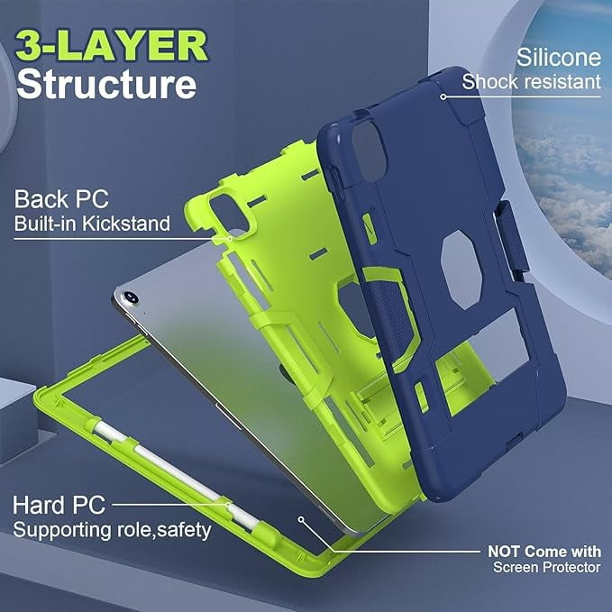 SOATUTO Case for iPad Air 13 Inch M3 M2 (2025/2024) Release, [Built-in Pencil Holder] Heavy Duty Shockproof Rugged High Impact Protective Case (Navy Blue/Green)