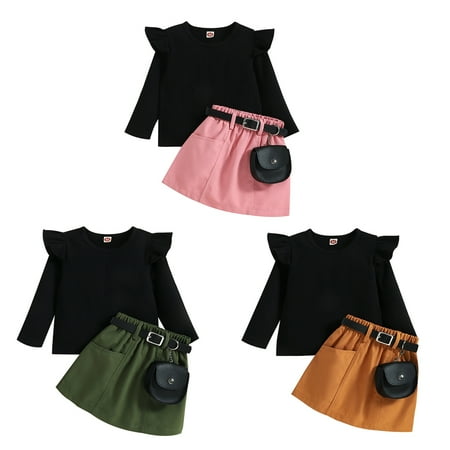 

baozhu Toddler Baby Girls Long Sleeve Ruffle Tops + Mini Check Skirt + Belt + Small Bag Autumn 4PCS Set