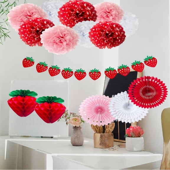 1Set Strawberry Party Decorations, Red Pink White Tissue Pom Poms Fans Honeycom Balls Lanterns Garland Classroom Berry Sweet Fruits Birthday Bridal Shower Décor Supplies