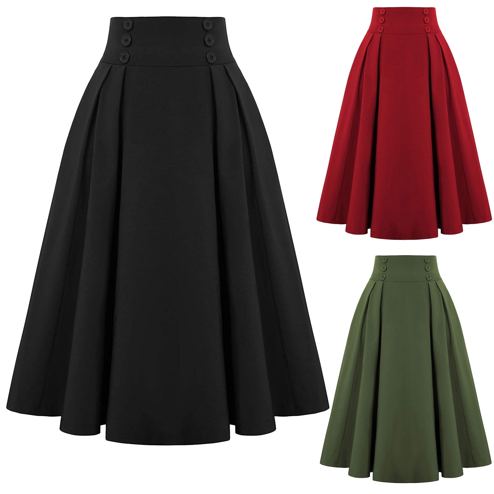 Xzngl Skirts For Women Pleated Skirts For Women Fashion Casual Skirt With Pockets Vintage High Waist Pleated Skirt Red