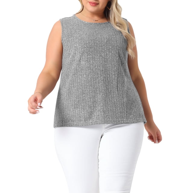 Camisetas sin mangas de talla grande para mujer GRACE & GRANDEUR, con cuello redondo, de canalé, elásticas, básicas y casuales para el verano 2025 1X Gris