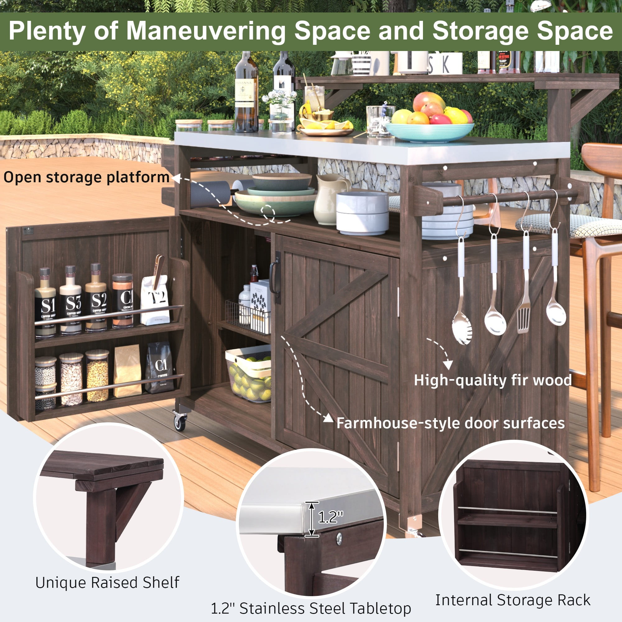 DEALTOPS Outdoor Kitchen Island Storage Cart with Raised Shelf and Stainless Steel Top, Grill Prep Cart BBQ Station, Rustic Brown
