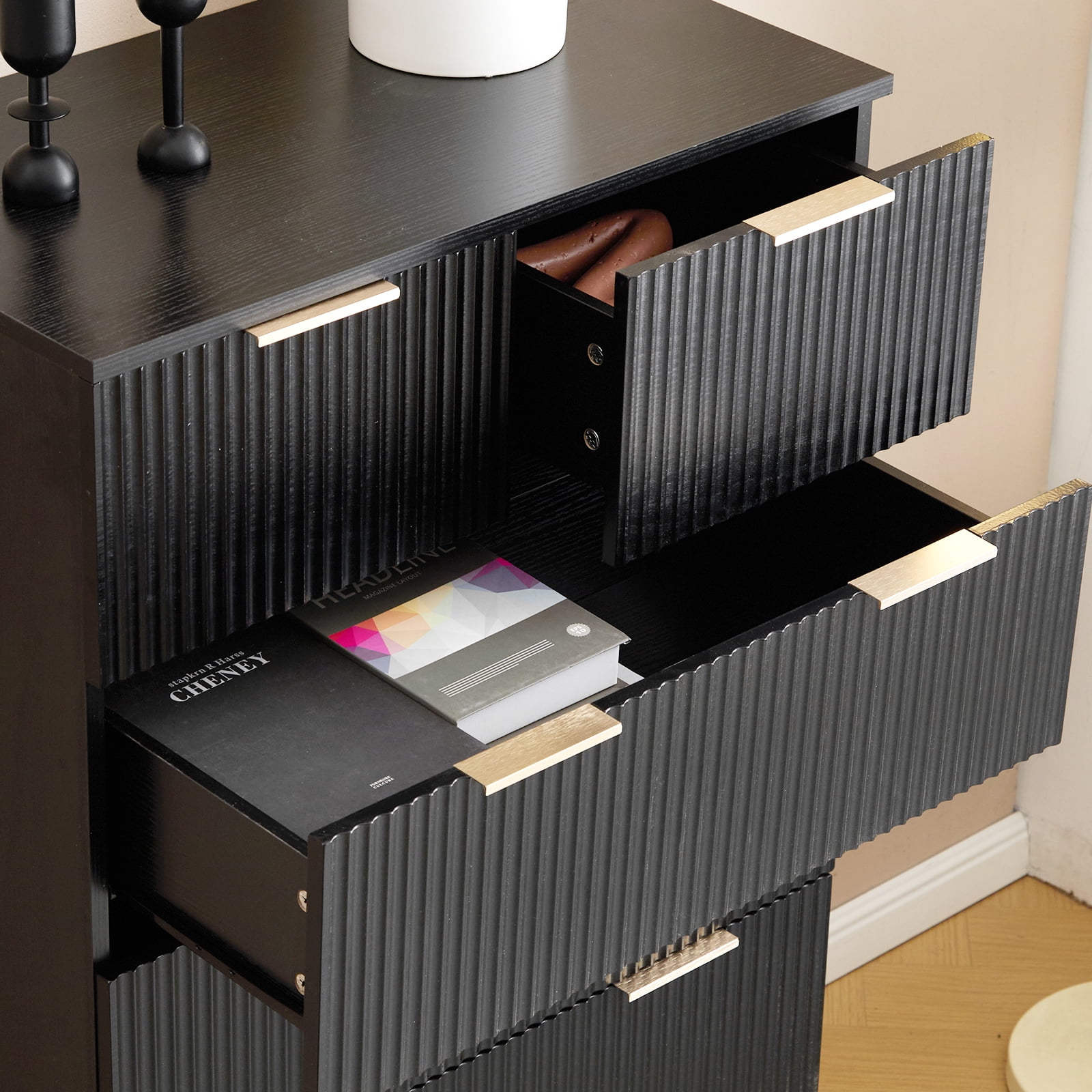 Five-Level Cabinet with Six Drawer, Black P2 Particle Board and Density Board Wavy Pattern Drawer