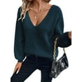 thumbnail image 2 of Women Off the Shoulder V Neck Sweater Top Fitted Long Sleeve Shirt Tie Back Sweater Royal Blue XL, 2 of 8