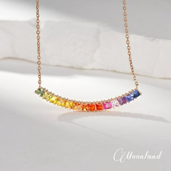 Women Rainbow Sapphire Necklace Pendant Silver Gold Minimalist Multi-Color Engagement Gift For Her