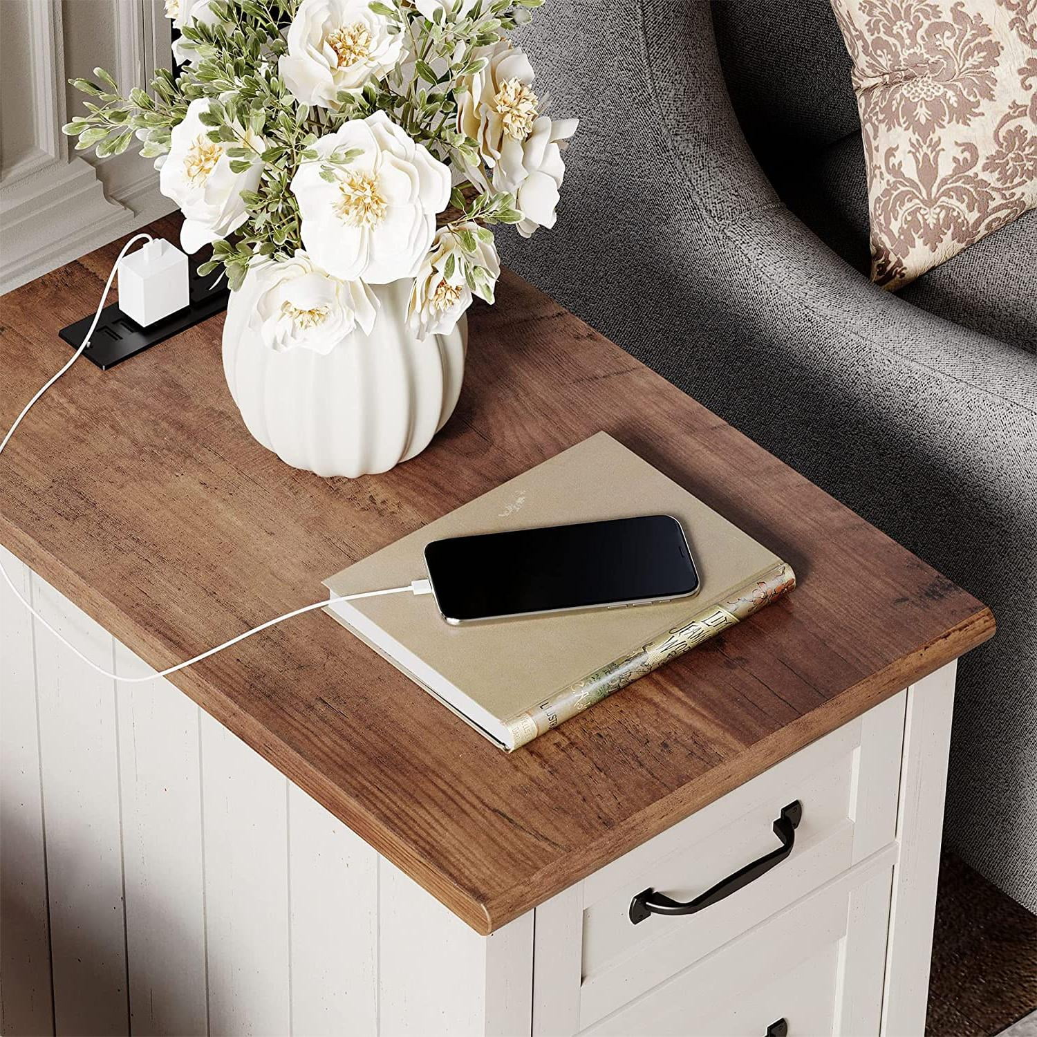 End Table with Charging Station, Wood Side Table with Storage Drawers for Living Room, Bedroom, White