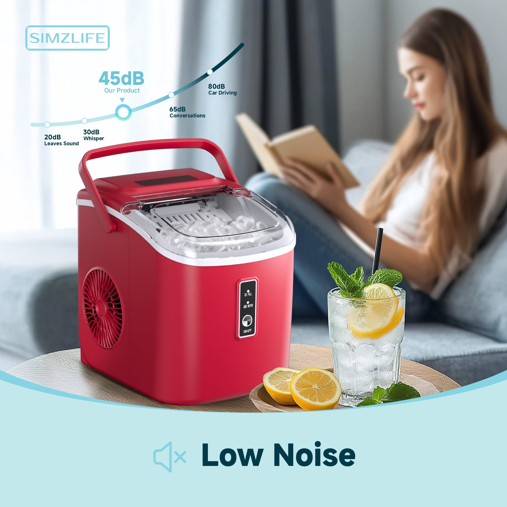 Simzlife Countertop Ice Maker with Handle,Portable Ice Machine with Basket and Scoop, 9 Bullet Ice In 6 Mins, 26Lbs/24H, Self-Cleaning