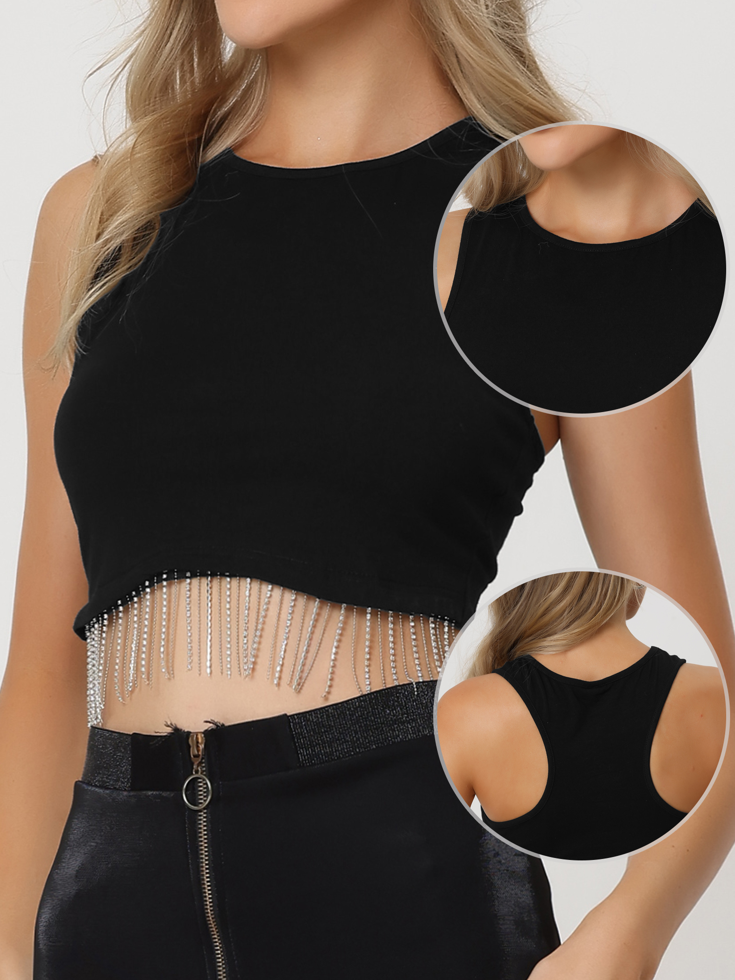 DARING DIVA Women's Rhinestone Fringe Tassel Trim Racerback Tank Top XL Black