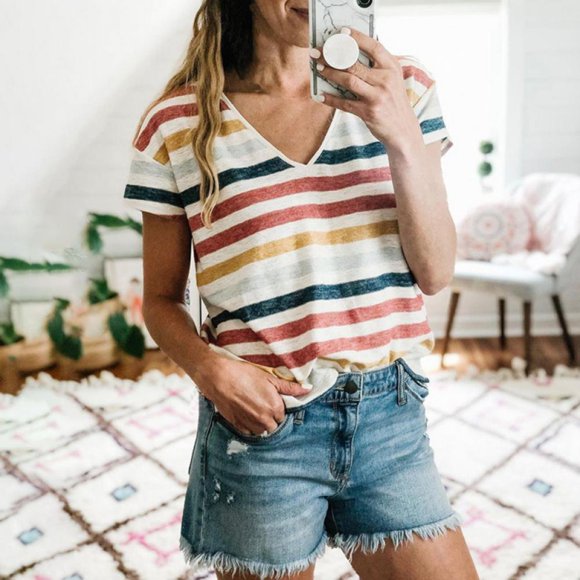 Women Short-sleeved T-shirt Summer Striped Color V-colored Stitching Clothing for Summer L Size