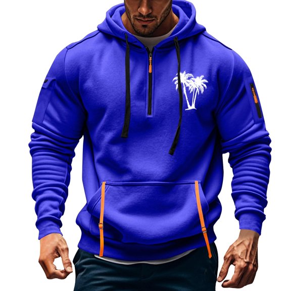 TMOYZQ Hoodies for Men Fall Winter Long Sleeve Quarter Zip Drawstring Hooded Sweatshirt Fashion Graphic Big and Tall Pullover Sweater with Mulit Pockets